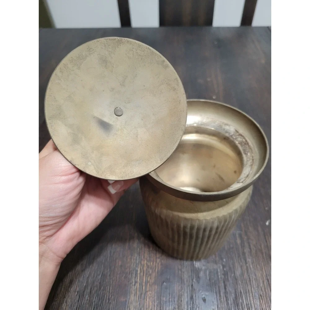 AS-IS Vintage Ribbed Brass Container With Removable‎ Lid